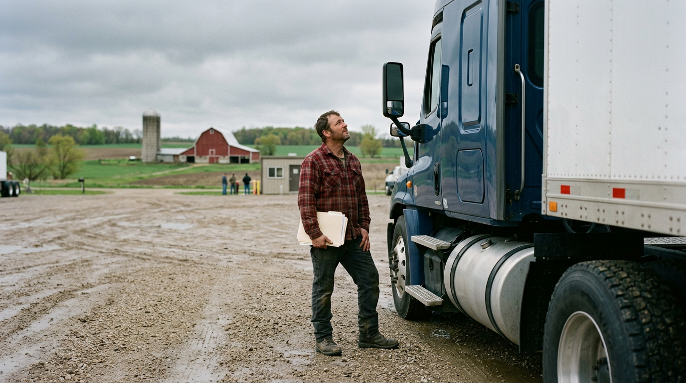 Man beginning CDL training beside a semi-truck in rural Wisconsin.