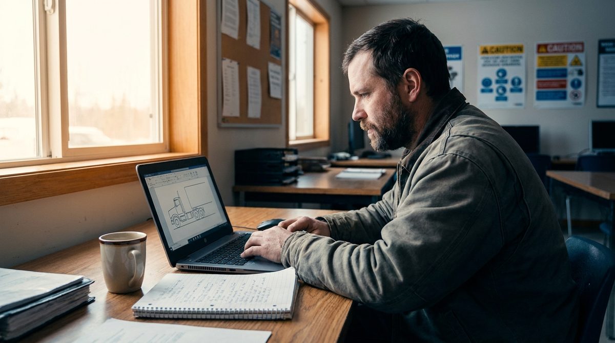 Student studying Class A CDL theory on a laptop