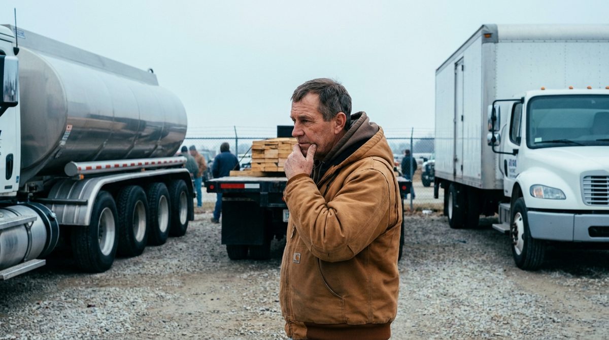 Prospective driver weighing different truck types in a training yard
