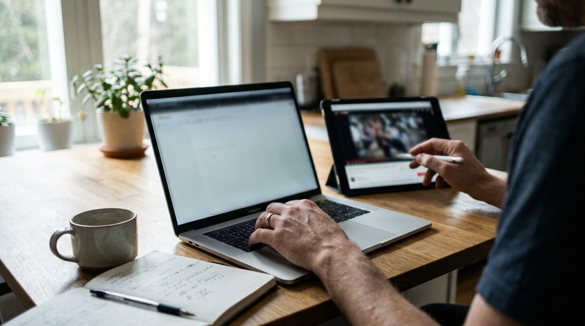 Working through online course lessons on a laptop and tablet
