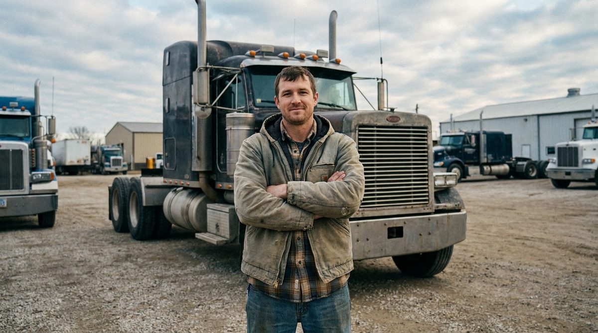 Military veteran standing in front of a semi truck at the training yard